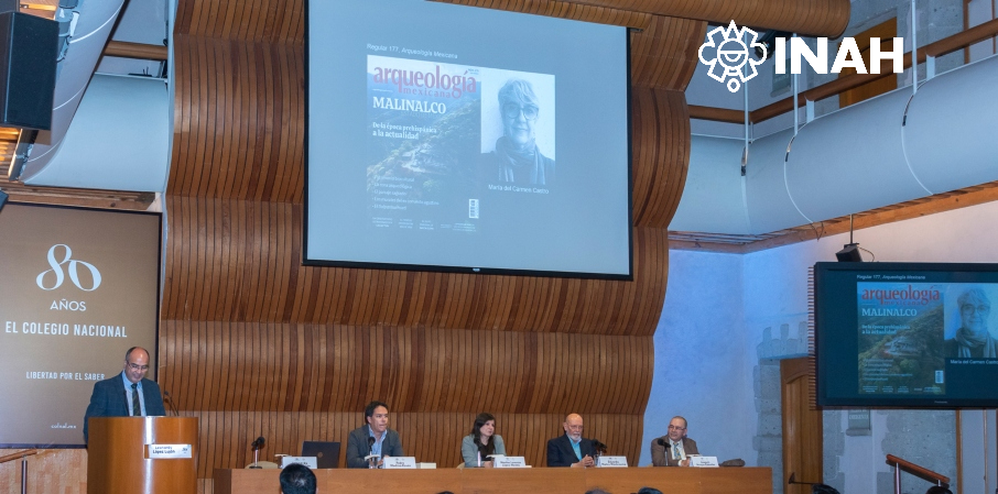 Leonardo López Luján, Pedro Medina Rosas, Martha Lorenza López Mestas, Eduardo Matos Moctezuma y Joaquín Arroyo Cabrales en la presentación del libro. Foto: INAH.