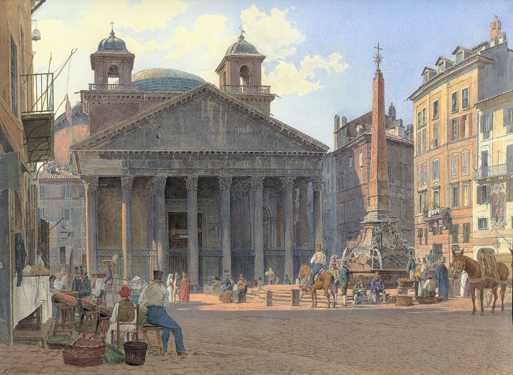 Figura 3. El Panteon de Roma, 1836 (con las torres de cuando era iglesia, hoy desaparecidas), Jakob Alt.